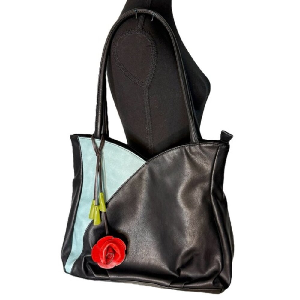 ESPE Blue Crystal Vegan Leather Shoulder Bag Red Rose Zipper Closure